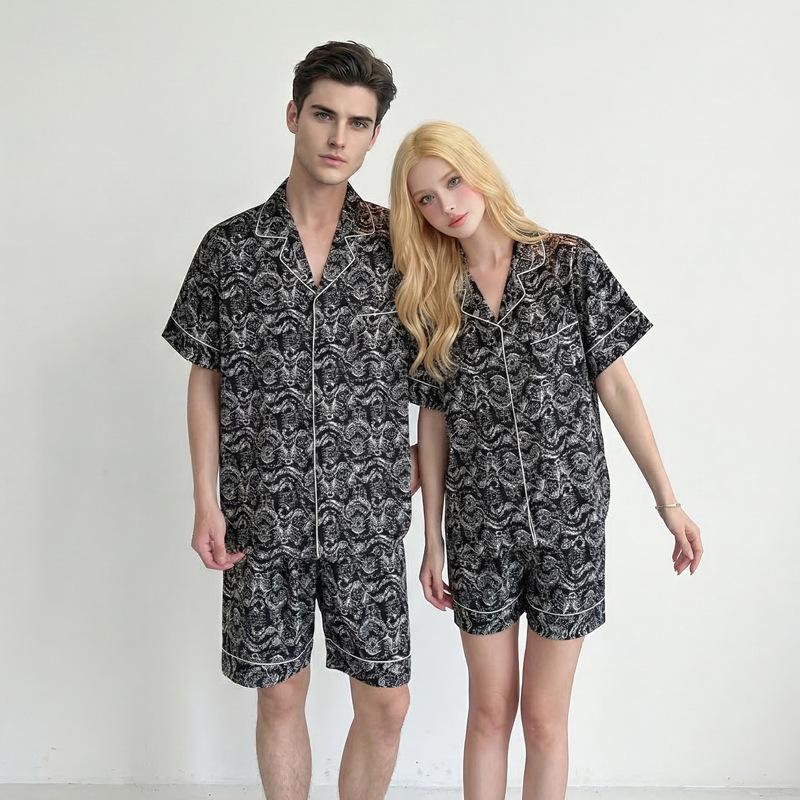 Couple pajamas women's summer ice silk short sleeves 1011 new large size men's simulated silk loungewear set
