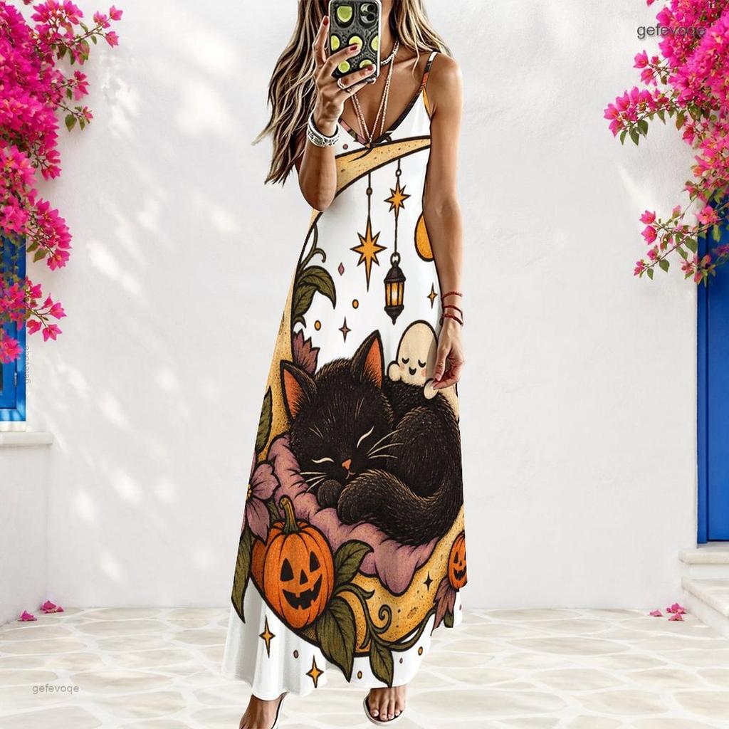 Women Plus Size V Neck Strappy Sleeveless A Line Long Halloween Pumpkin Printed Dress