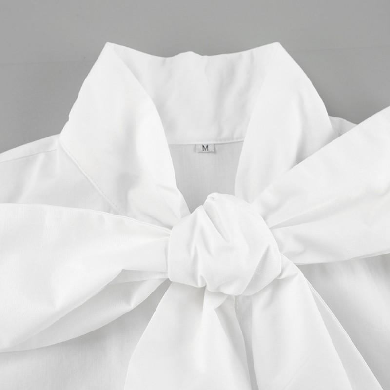 Womens Loose Fit White Shirt With Tie Neck Flowing Collar Casual Office Wear Cotton Blend Long Sleeve Top
