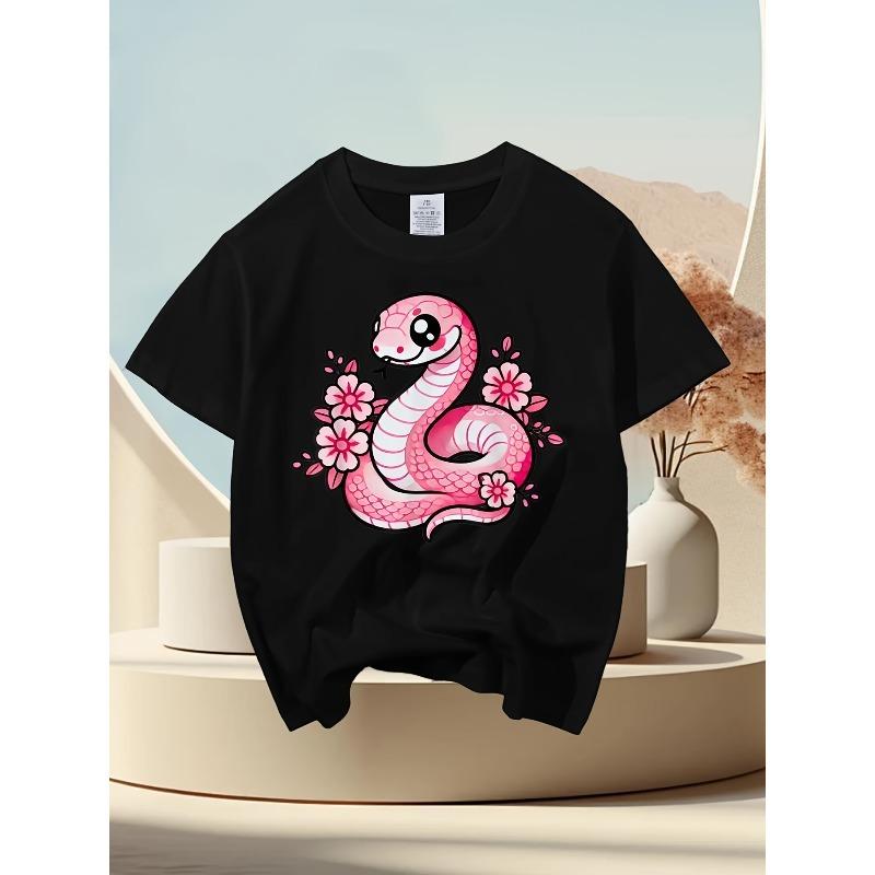 European Sizes Kawaii Pink Snake and Flowers Year of Snake Funny Awesome Graphic Kid T-Shirt | Casual Streetwear Tees Tops for Kids