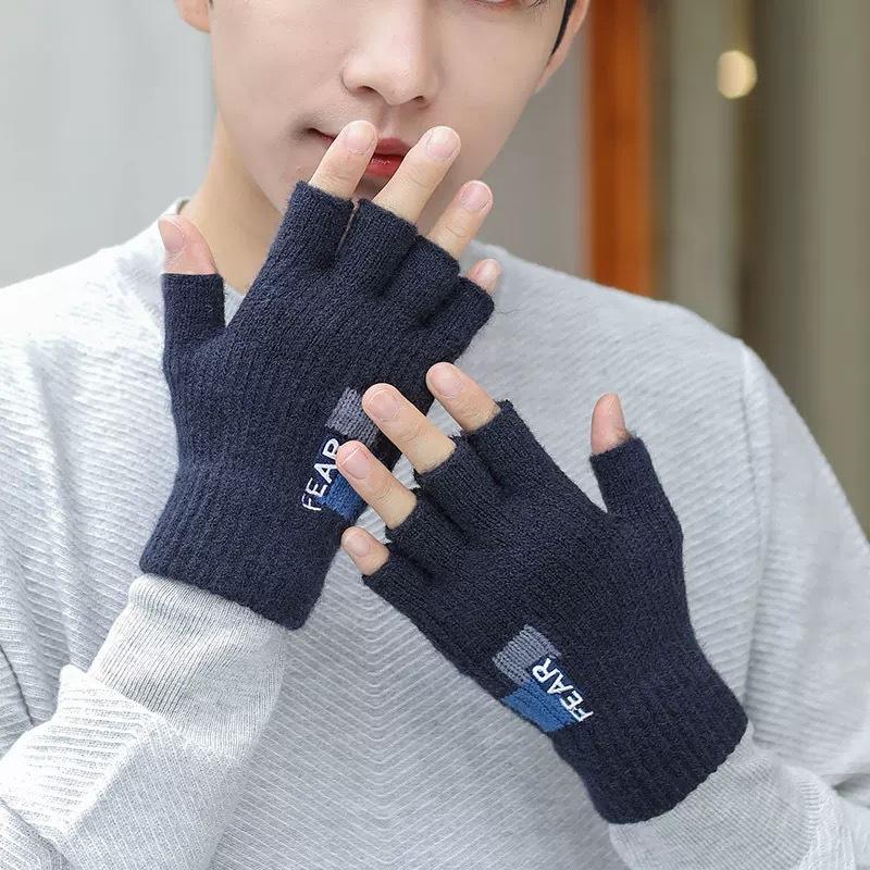Warm Half Finger Gloves Men Exposed Fingers In Winter Half Fingerless Cycling and Driving Thick Wool Knitted Fingers To Prevent Cold