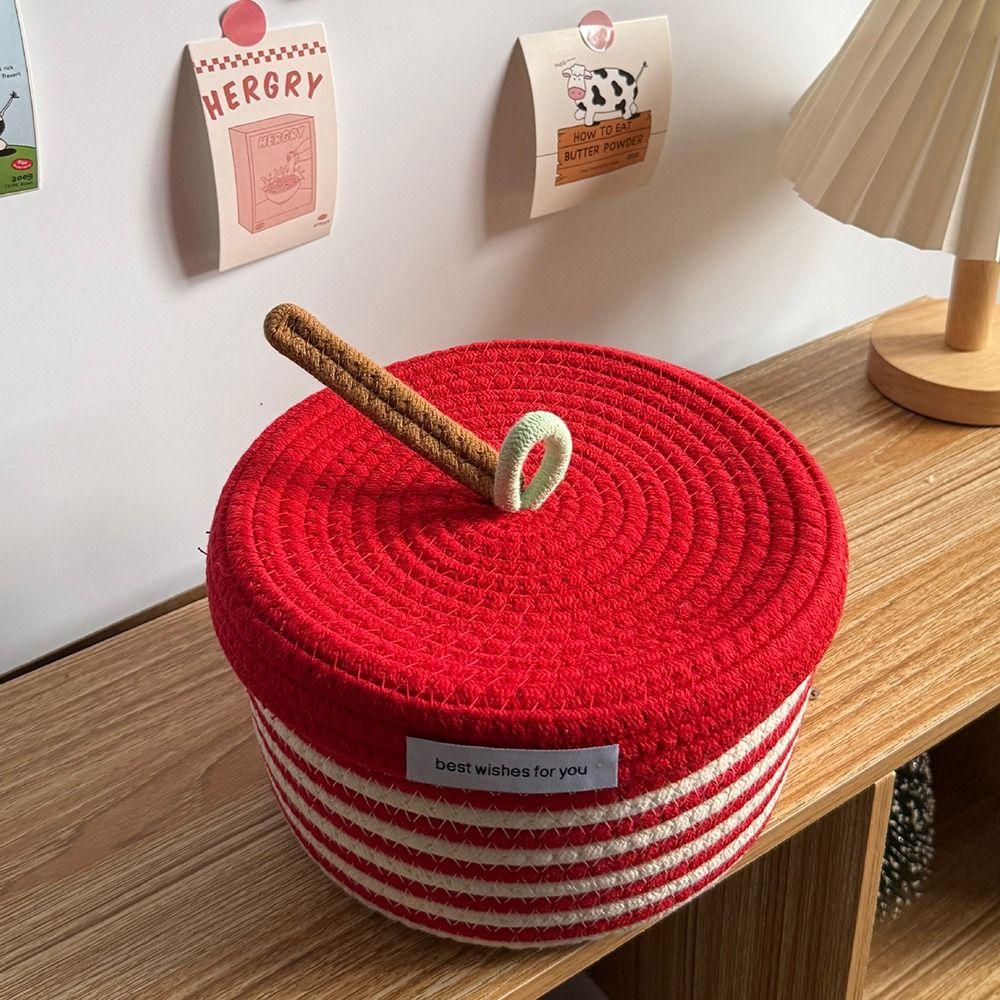 Cute Red White Storage Basket Handmade Cartoon Design Woven Basket Versatile Function Covered Style Cotton Basket Various Items