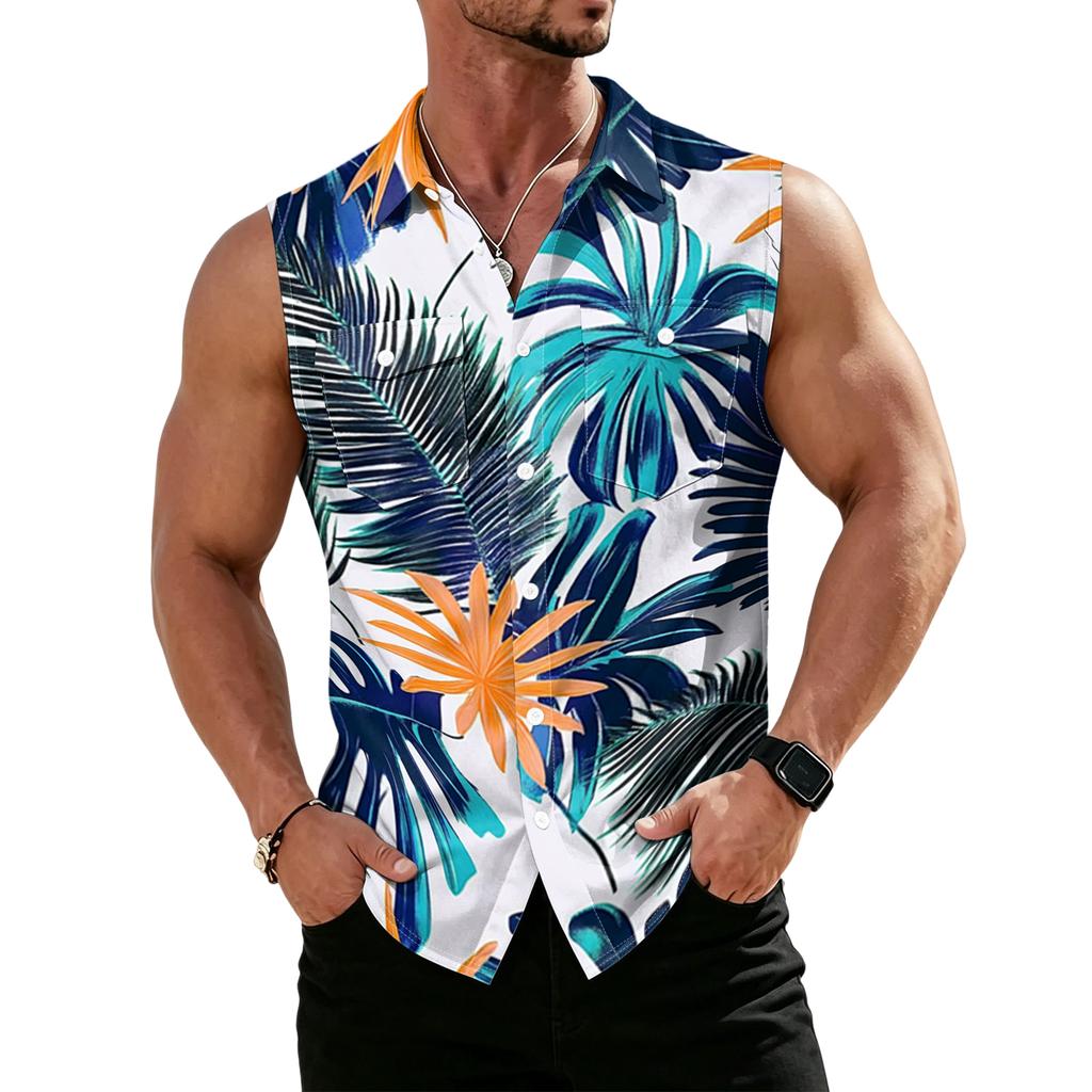 Men's Workwear Lapel Button-Down Vest Shirt - Lightweight Sleeveless Top