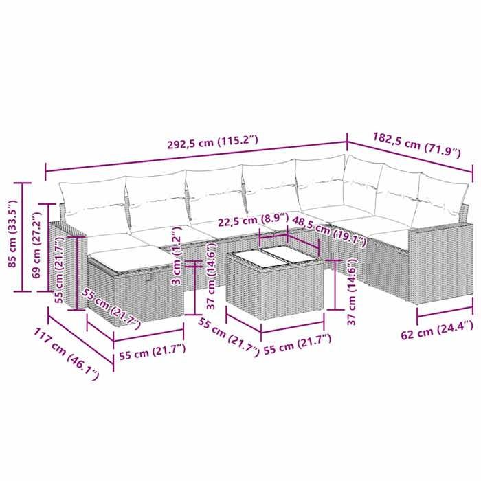 VidaXL Salon de jardin 9 pcs avec coussins gris résine tressée 3325447
