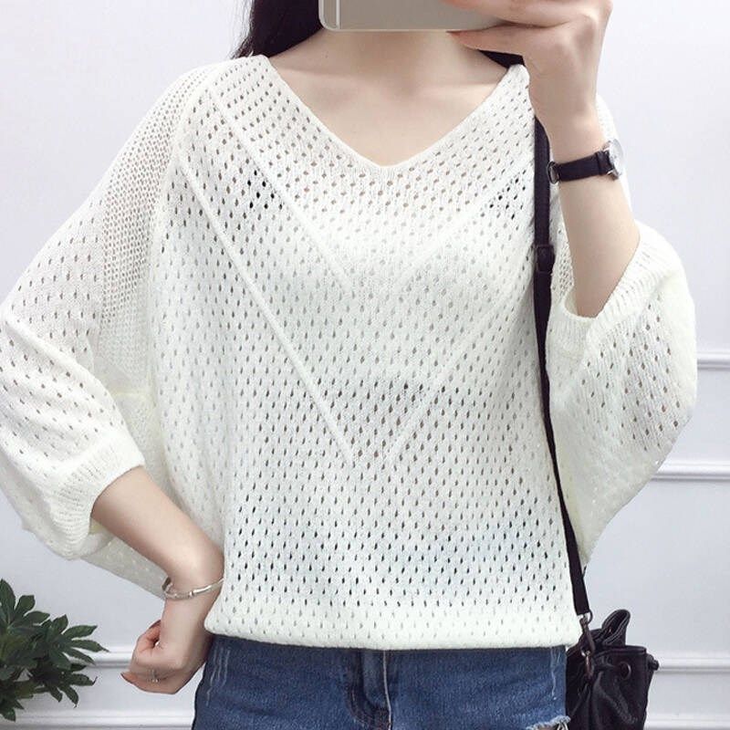 Spring Top Women's Loose Nail Beaded Mid Sleeve Sweater Base Shirt Spring/Summer Thin Hollow Knitted Sweater