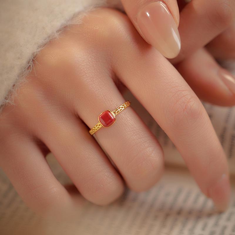 Banyan Tree S925 Silver Cinnabar Red Ring: Retro Chinese Luxury Hollow Design for Women