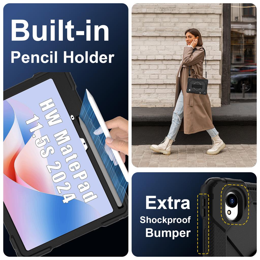 Stand Armor Case For Huawei MatePad 11.5 S 2025 2024 SLG-W50 SLG-W10 TGR-W09 360 Rotating Heavy Duty Cover With Shoulder Strap