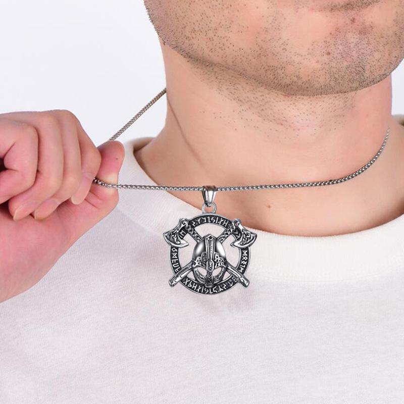 European and American Jewelry Nordic Viking Warrior Helmet Necklace Thor Axe Logo Pendant Necklace