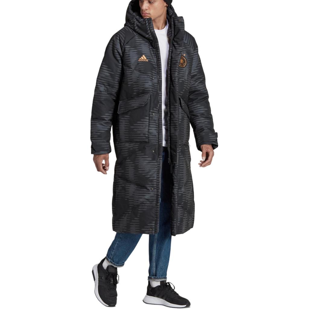 Adidas FW22 Full Print Embroidered Logo Zip Hooded Down Jacket Men Outerwear Black HF4062