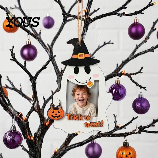 Rustic Wood Picture Frame Halloween Cute Ghost Wooden Photo with Hanging Rope, Creative Theme Decor for Holiday Party And Home Wall Decoration