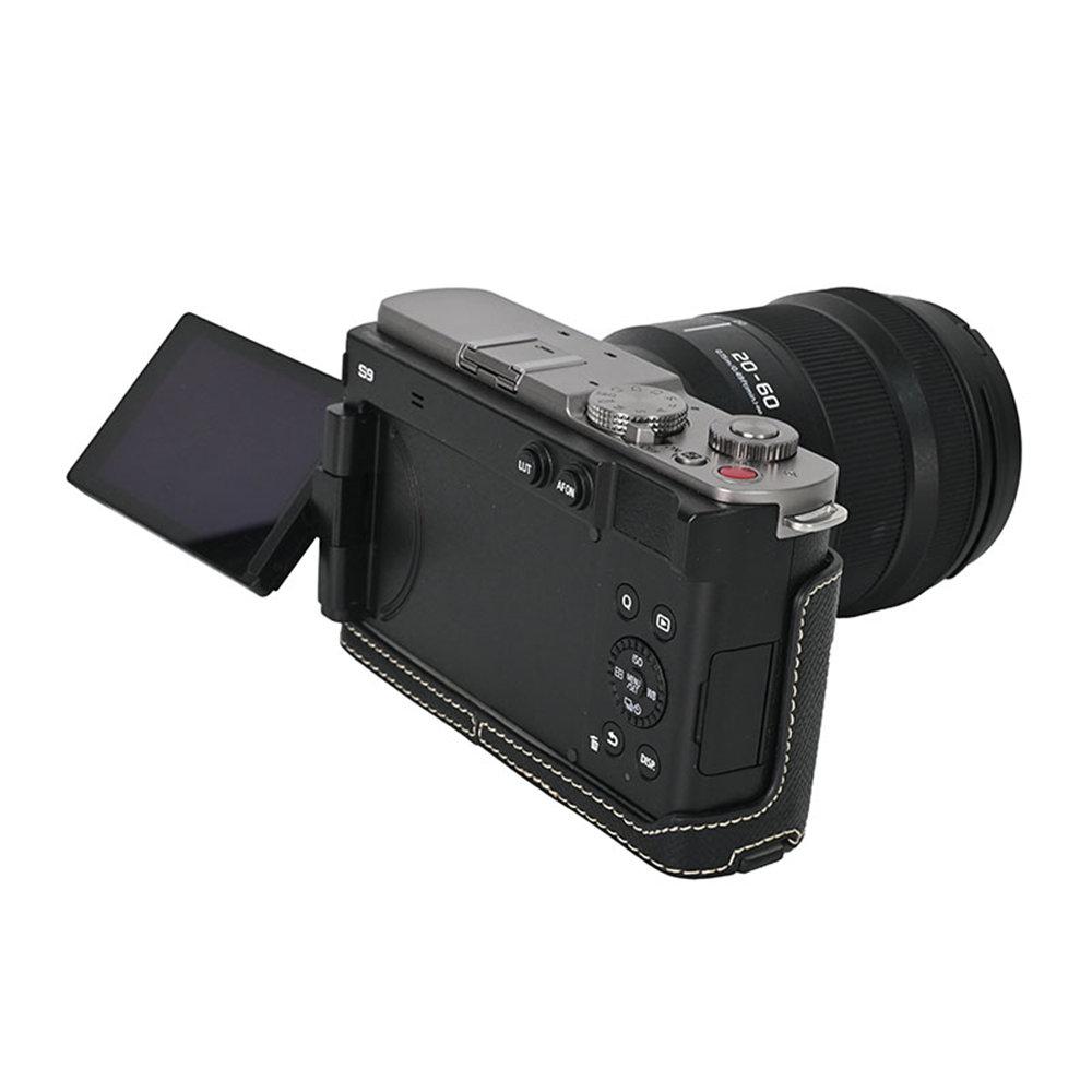 Palm Print PU Leather Camera Half Body Case For Panasonic Lumix S9 Battery Opening Bottom Cover With Strap