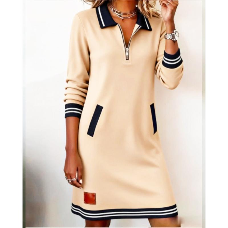 Spring Autumn Turn-Down Collar Holiday Dress Women Patchwork Long Sleeve Chic Dress Casual Zipper Fashion Ladies Dress