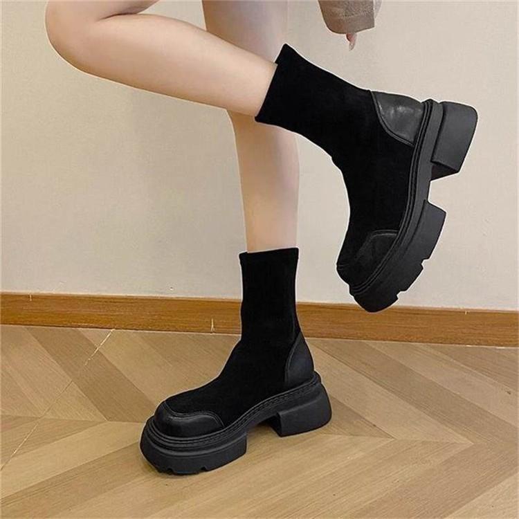 2025 new spring and autumn European station thick-soled heightening retro short boots women's casual not tired feet elastic thin Martin boots