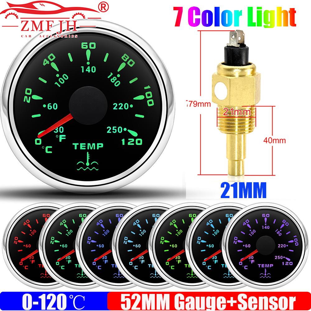 0~120℃,30~250℉ 52MM Water Temperature Gauge+Water Temp Sensor 10.2MM,12MM,16MM,17MM,21MM 7 Color Light for Boat Yacht Car 12V24V