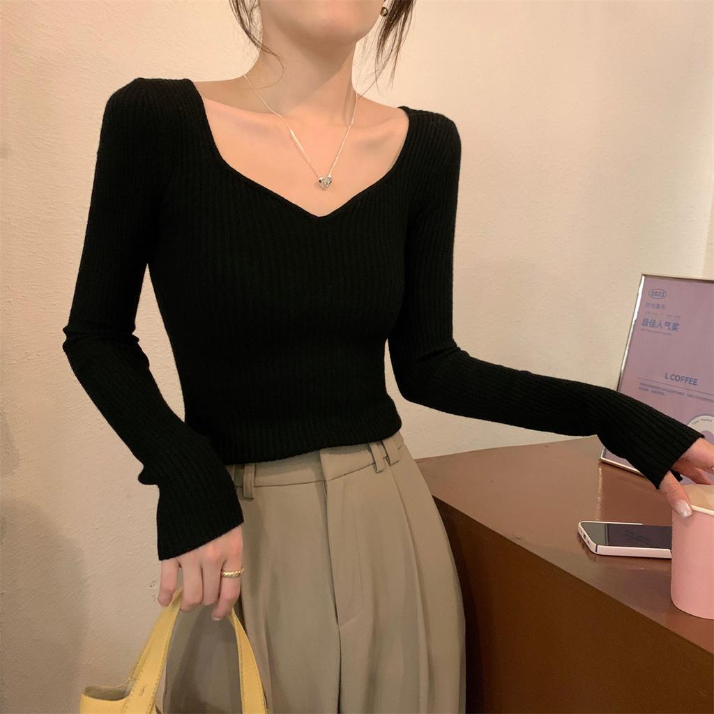 Core-spun Yarn V-neck Peach-neck Sweater Women's Spring, Autumn and Winter Solid Color Shirt Slim-fitting Long-sleeved Inner Chic