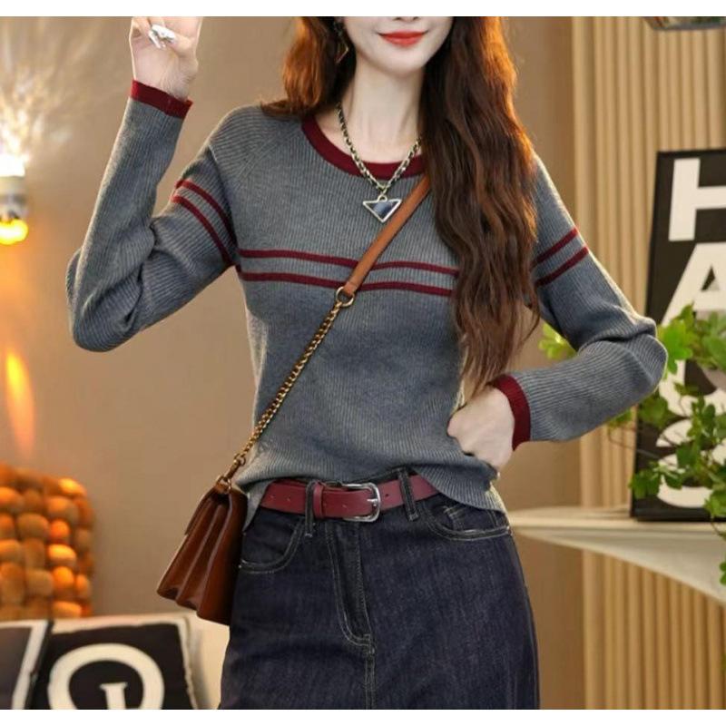 

Тонкий вязаный свитер с круглым вырезом и контрастной двойной полоской, женский, осенний, новый, в стиле ретро, вязаная базовая футболка one size fits all серый