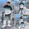Summer Teenager Boys Clothes Casual Outfit Kids Gradient Tracksuit Child T Shirt + Ankle Tie Pant