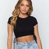 Summer Women's Short Sleeve T-Shirt Drawstring Crop Navel Crew Neck Casual Top