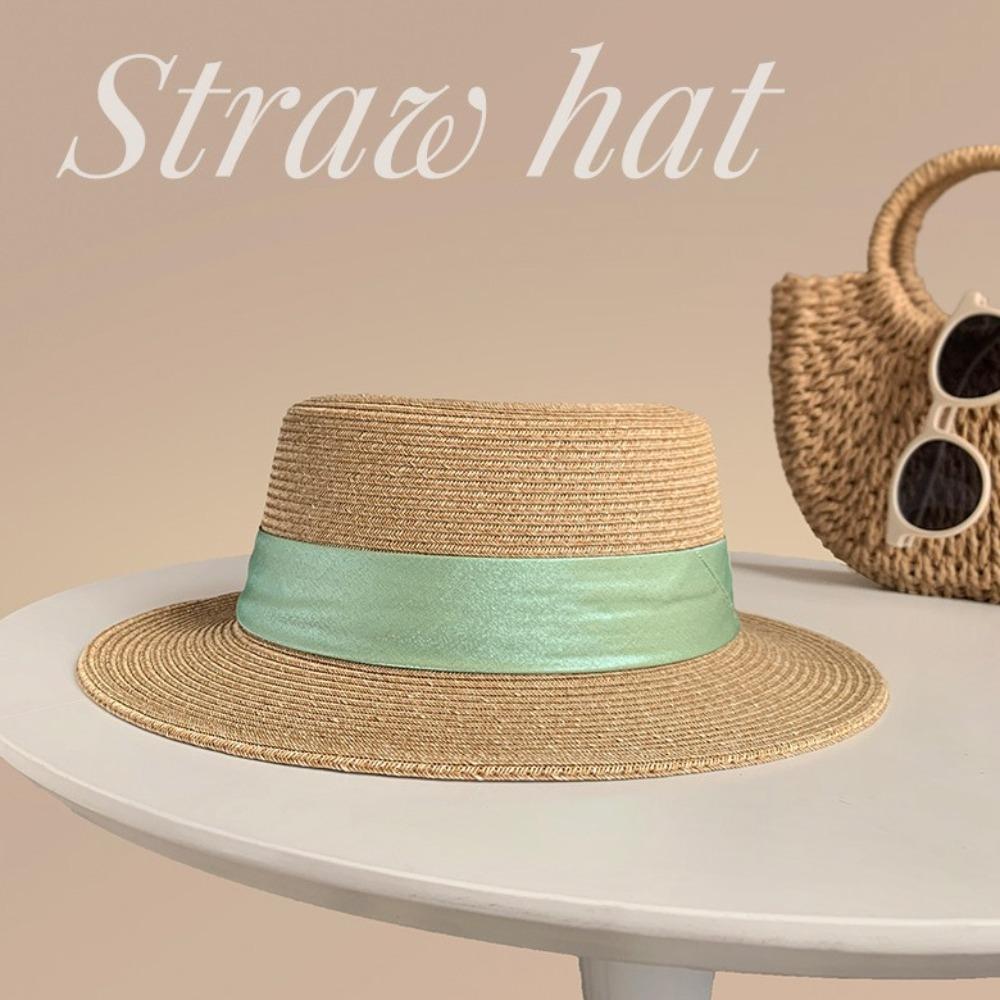 French Style Straw Woven Hat Elegant Women's Sun Hat Simple Beach Flat Top Hat  Seaside