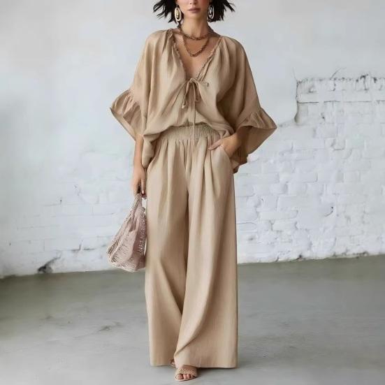 Conjuntos de Verano de 2 Piezas para Mujer, Top con Volantes de Media Manga y Cuello en V a Juego con Pantalones de Pierna Ancha, Conjuntos de Salón para Vacaciones con Bolsillos
