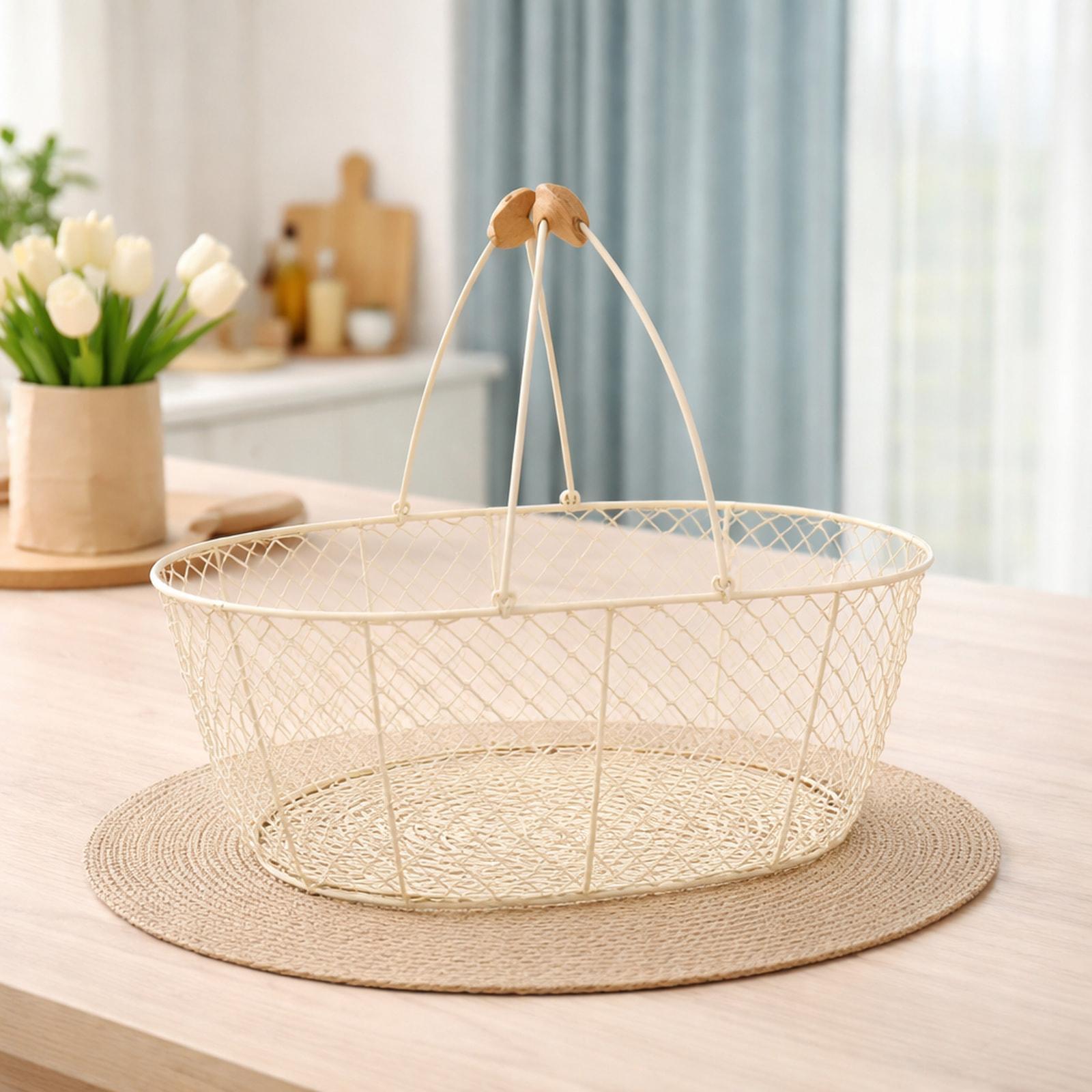 

Iron Wood Wire Storage Basket Multifunctional Bread Fruit Organizer for Kitchen Counter and Bathroom бежевий
