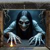 2D Flat Banner, 1pc Halloween Happy Garage Door Banner, Ghost with Long Hair Monsterzyc