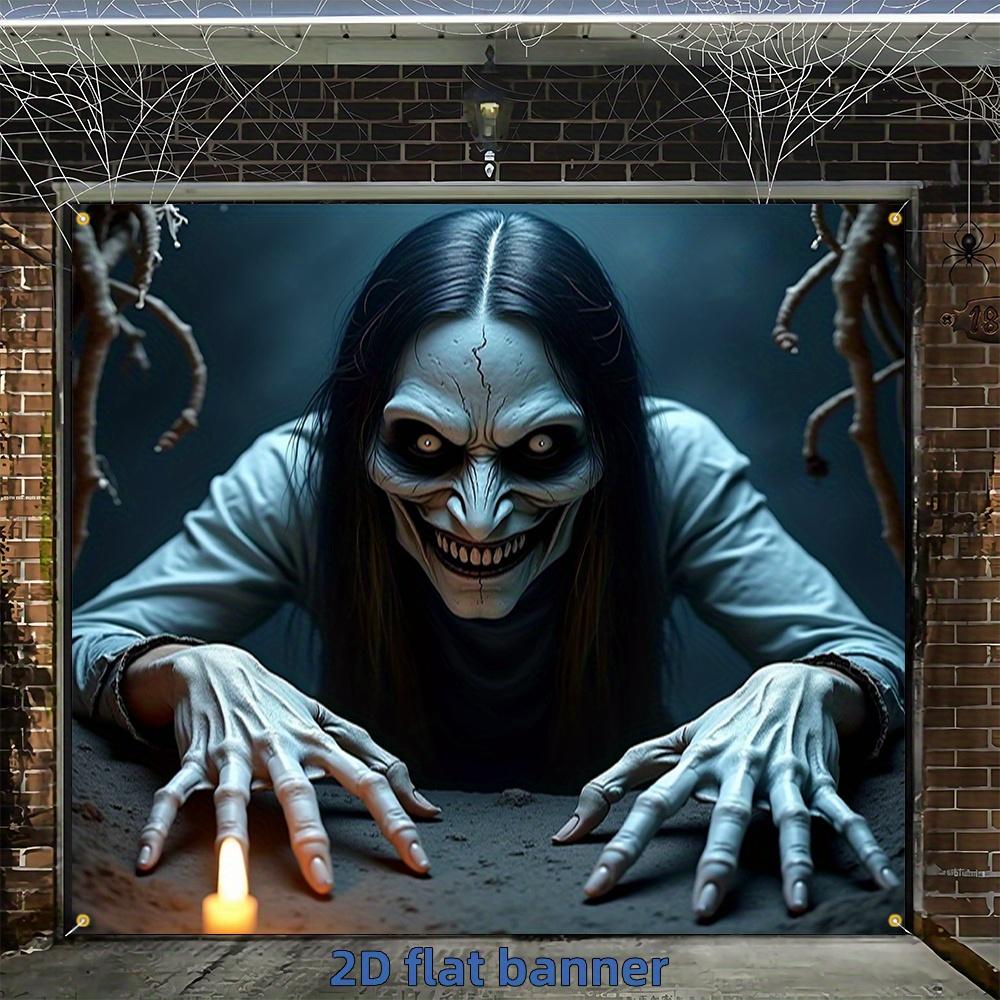 2D Flat Banner, 1pc Halloween Happy Garage Door Banner, Ghost with Long Hair Monsterzyc