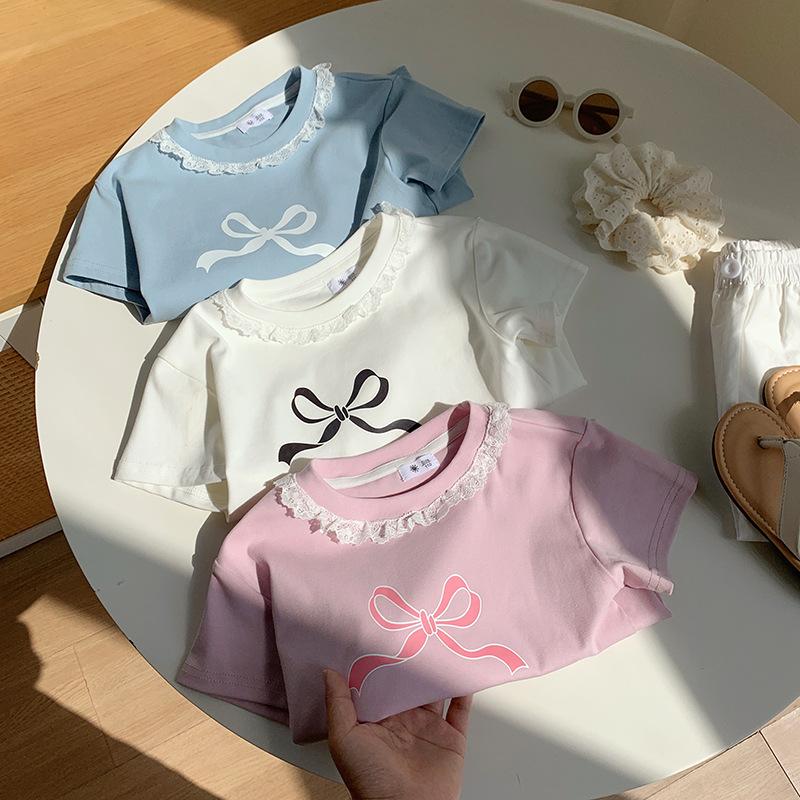 Girls' Casual Cotton Short-sleeved T-shirt For Summer, Cute Little Bow T-shirt For Children