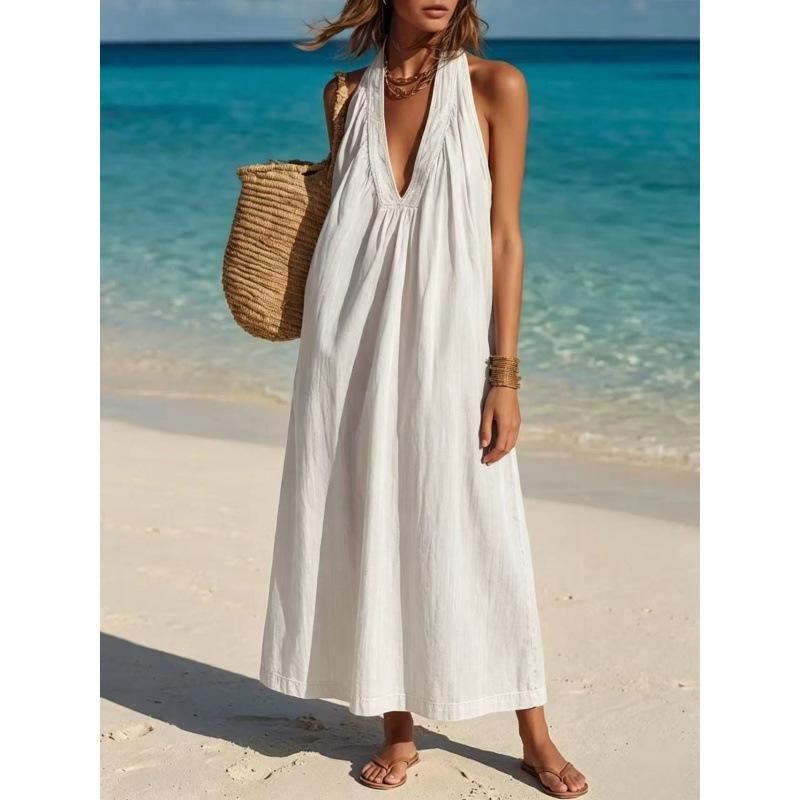 European and American new products women s fashionable and elegant V-neck long sleeveless cotton and linen comfortable dress S