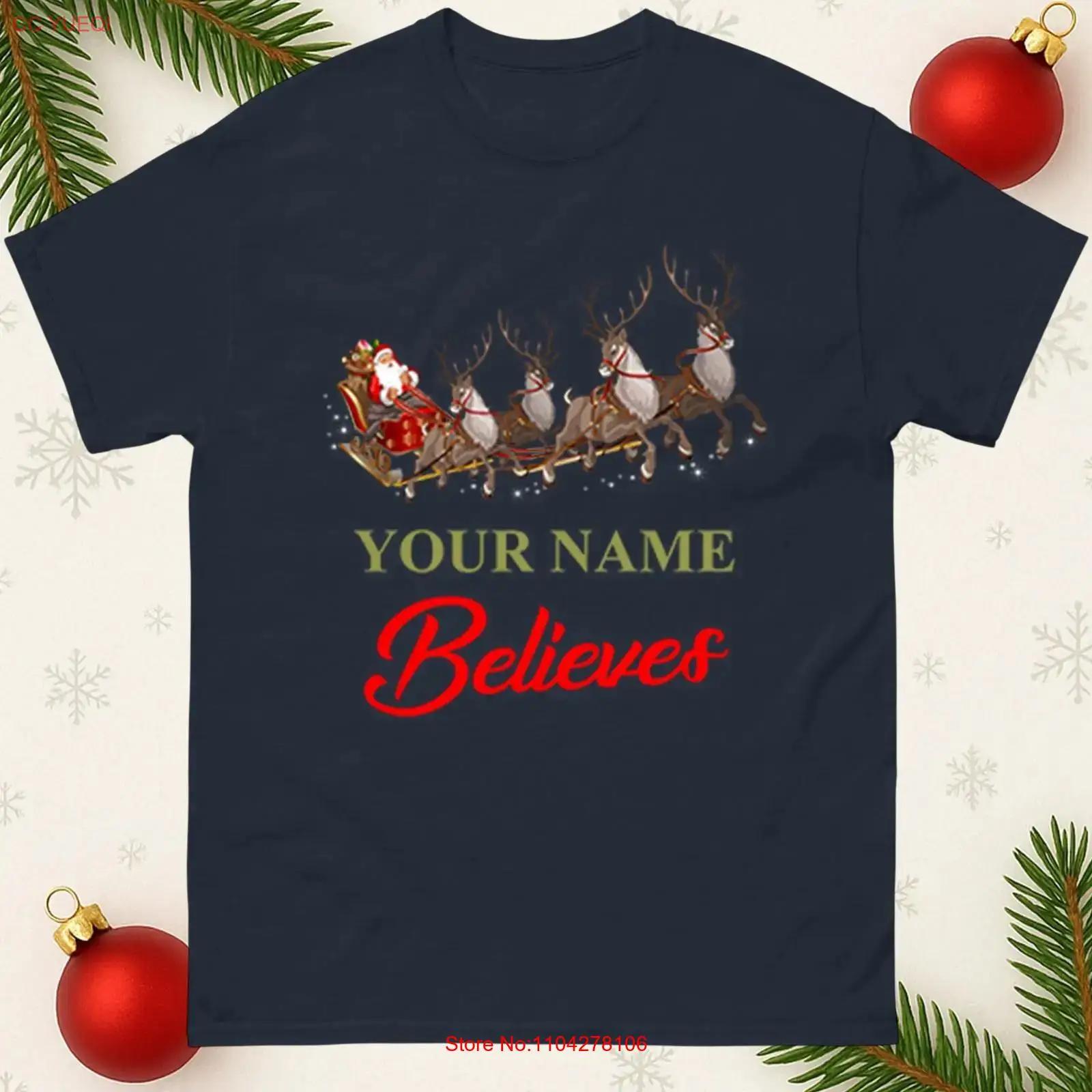 Personalised Christmas Believes T Shirt Santa Sleigh Reindeer Custom Name Top vintage Washed Stretched Unisex S разноцветный