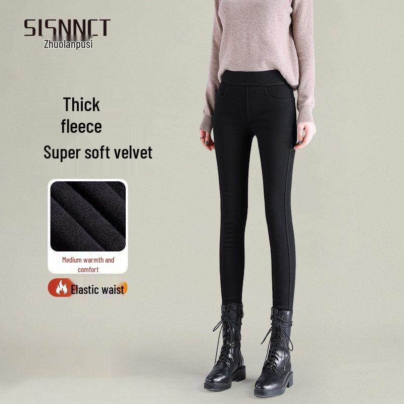 Women's Black Lambswool Leggings: Warm, Thickened Fleece-Lined, Slim Pencil Style, Ideal for Autumn/Winter 2025