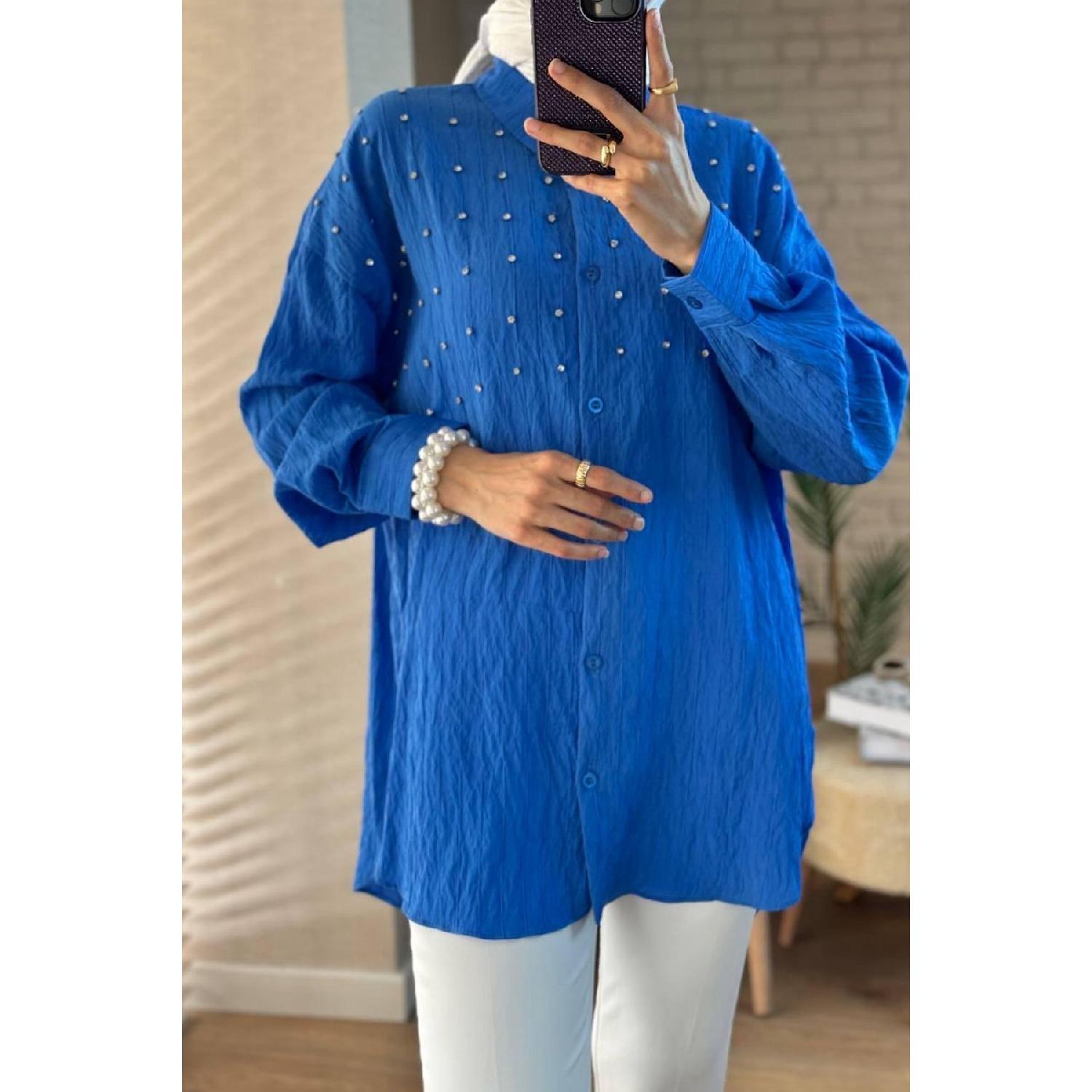 

Women s Long Sleeve Stone Detailed Hijab Shirt Standart синий