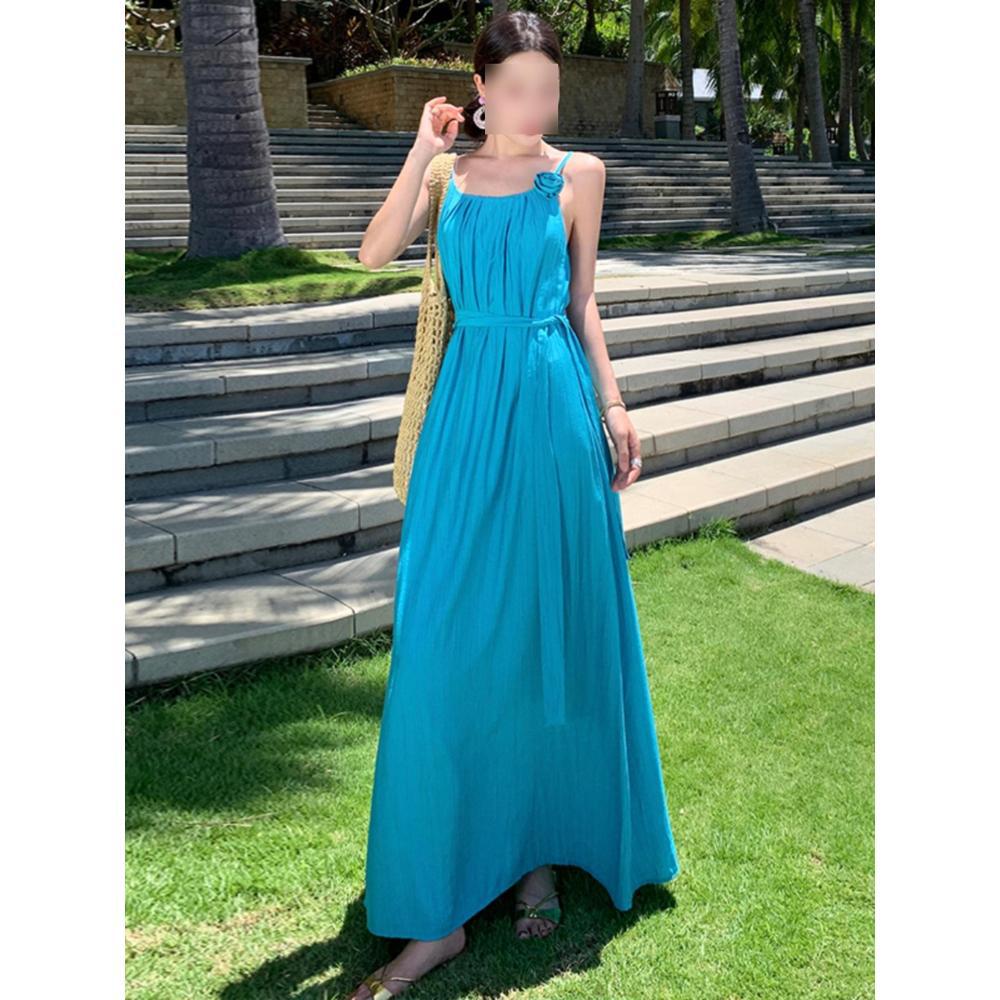 Lake blue suspender dress women's summer dopamine island wear Yunnan tourism seaside vacation beach long skirt