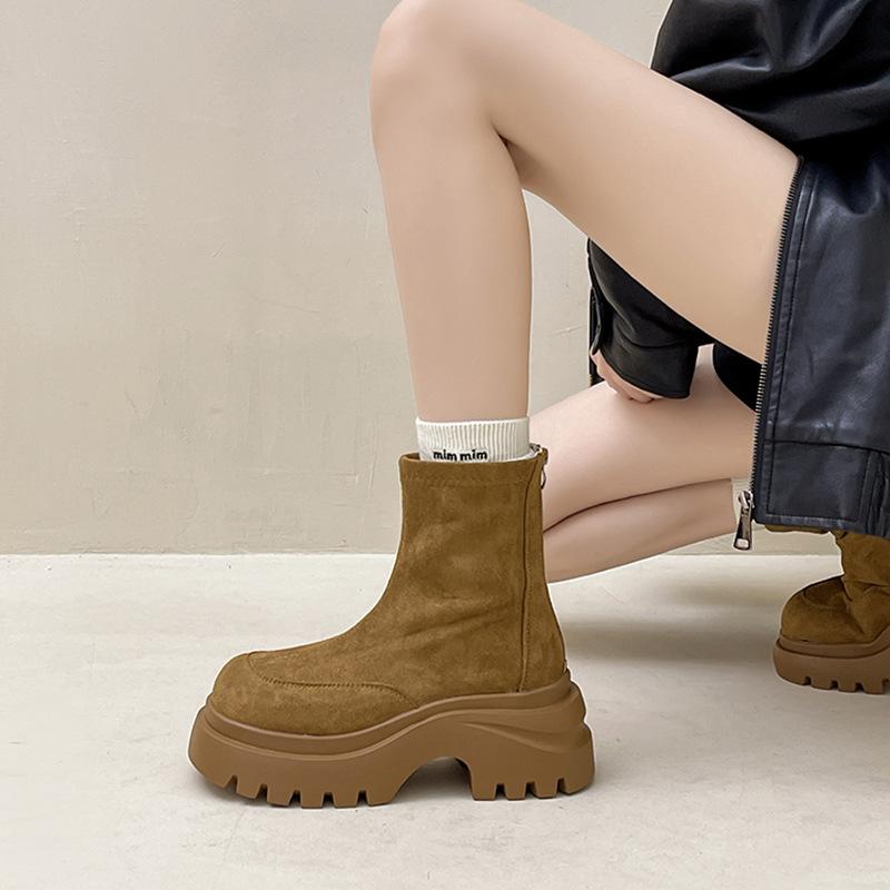 Fashion Retro Street Round Head Thick Heel Thick Sole Thin Boots Women's 2025 Autumn and Winter New Simple Small Martin Boots