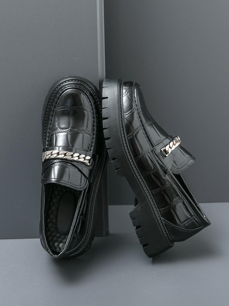 Men Loafers PU Stone Pattern Thick Sole Round Head Metal Chain Decoration Business Casual Men Shoes Large Size 38-46