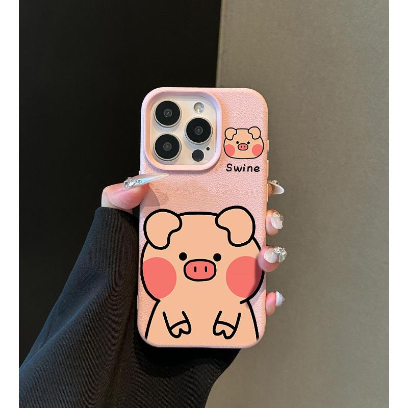 

Cute Pig Suitable for Apple 16promax Mobile Phone Case IPhone 14 Lychee Pattern 13mini Cartoon 12 Anti-fall Apple 16
