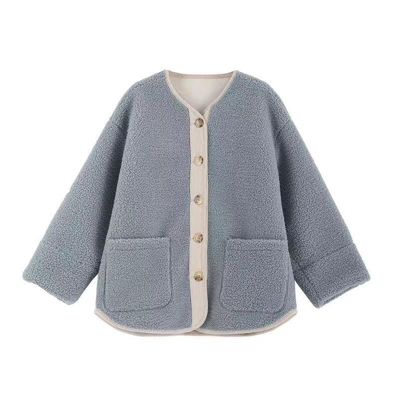 Winter Women's Thick Contrasting Retro Lamb Fur Coat Loose Round Neck Mid Length Cardigan Coats