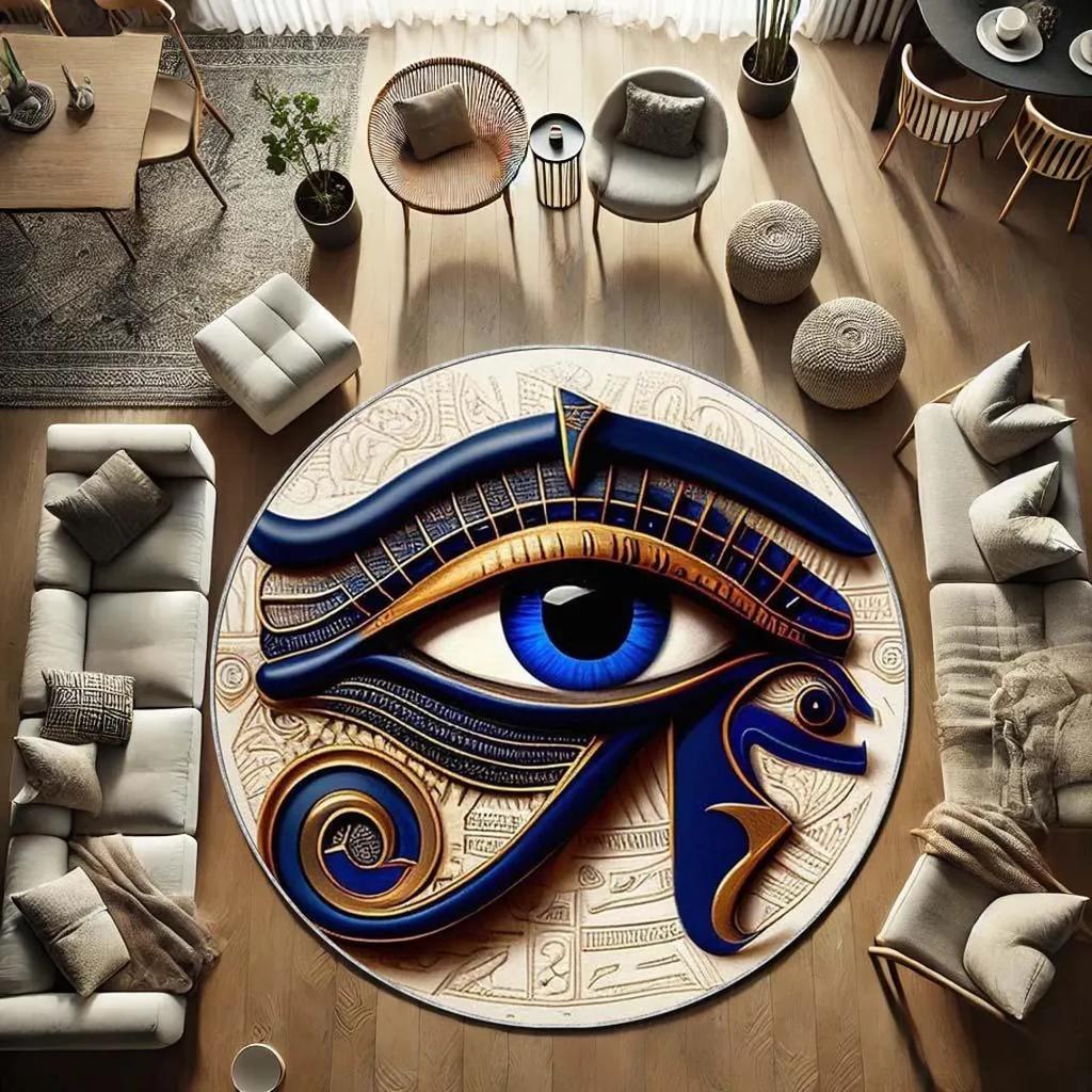Evil Eye Round Rug, Blue Nazar Protection Carpet, Greek Key Pattern Circular Mat, Bohemian Floor Decor,  Kitchen Rug