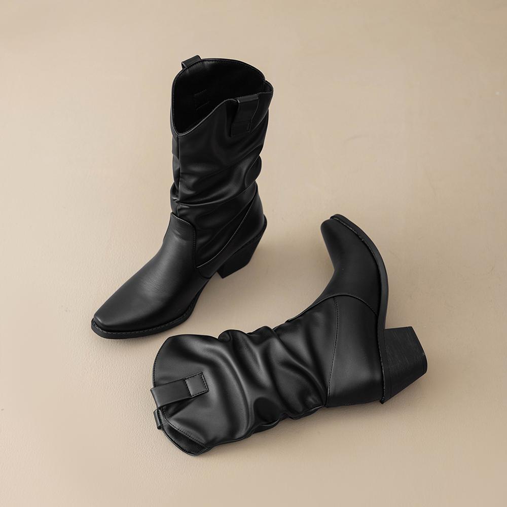 White Black Women Mid Calf Boots High Block Heel Big Size 46