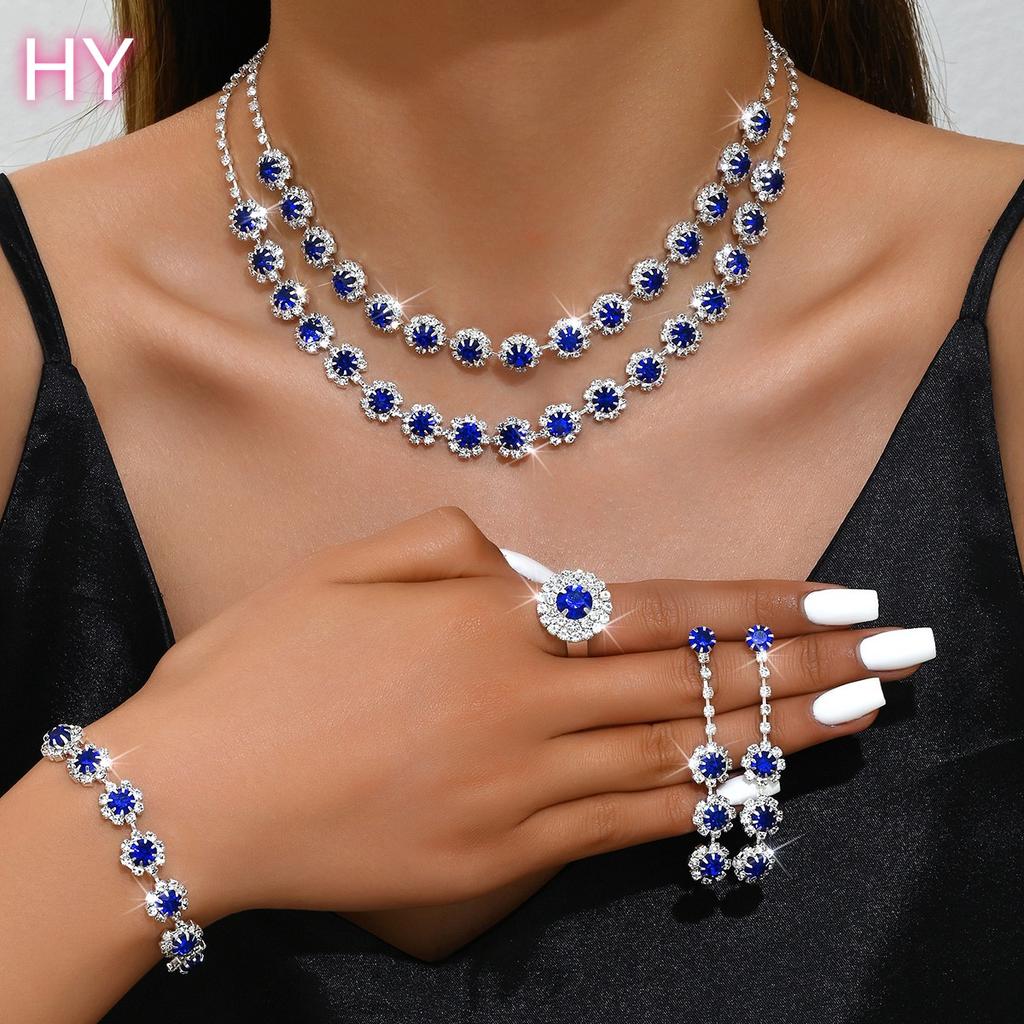 HY Women's 3 Piece Luxury Set Fashionable Shiny Rhinestone Necklace Earrings Bracelet for Anniversaries Party Gift