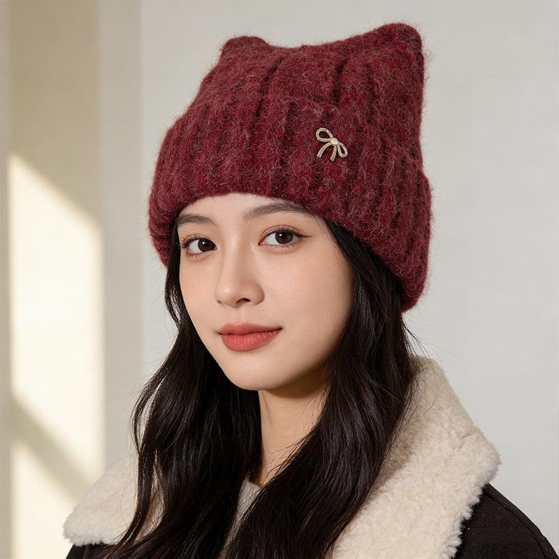 

Knit Beanie Hat ABouthexx Cat Ears Bowknot Rhinestone Thickened Warm Winter Chunky Korean Style Women M（56-60cm） бордовий