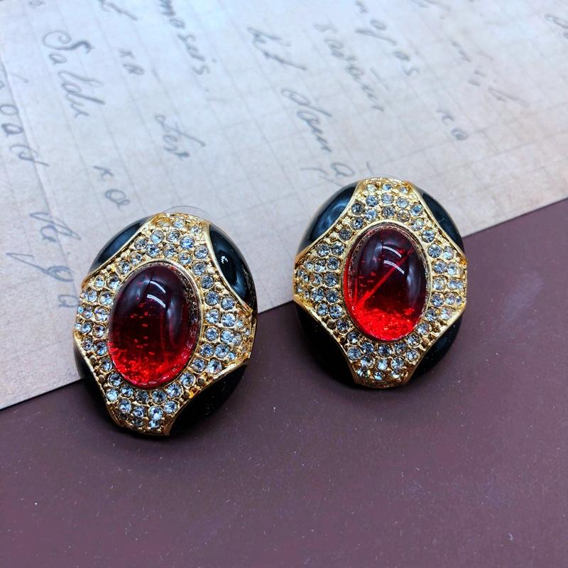 French Romantic Silver Needle Stud Earrings Electroplated Real Gold Stone Gemstone Enamel Glaze Ancient Stud Earrings