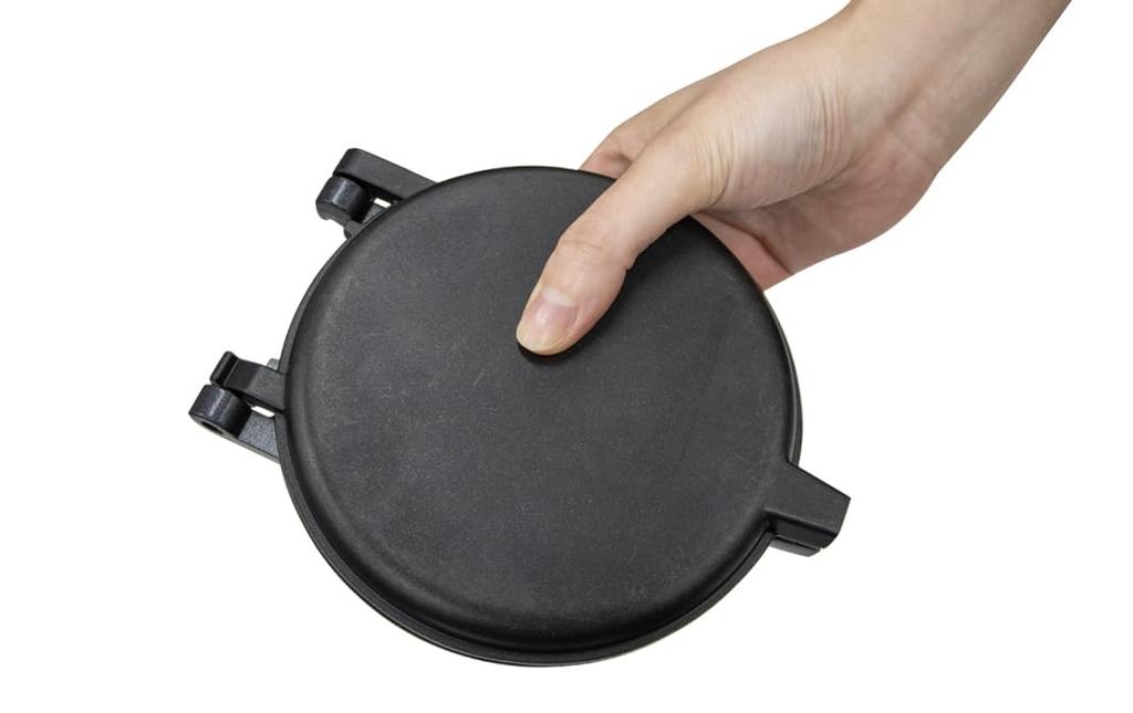 Direct-heat pancake maker with detachable handle, separate top and bottom sections, single-serving, lightweight, non-stick coating, easy to clean, ful