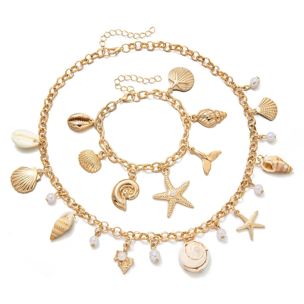 Coastal Style Shell, Conch and Starfish Necklace & Bracelet Set, Vacation Style Clavicle Chain