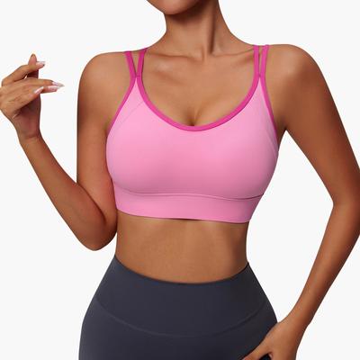 Damen Sport-BH im europäischen und amerikanischen Stil mit Farbblockierung, einteilig, mit festen Körbchen, stoßfest, Push-Up, Laufen, Pilates, überkreuzter Rücken
