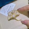 Gold-Plated Ginkgo Leaf Brooch with Zircon & Pearl Corsage Pin