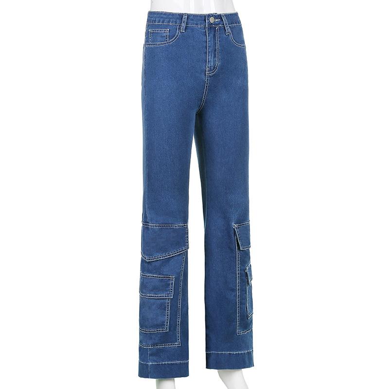 New Street Hip-hop Tooling Big Pocket Jeans Women High Waist Straight Trousers