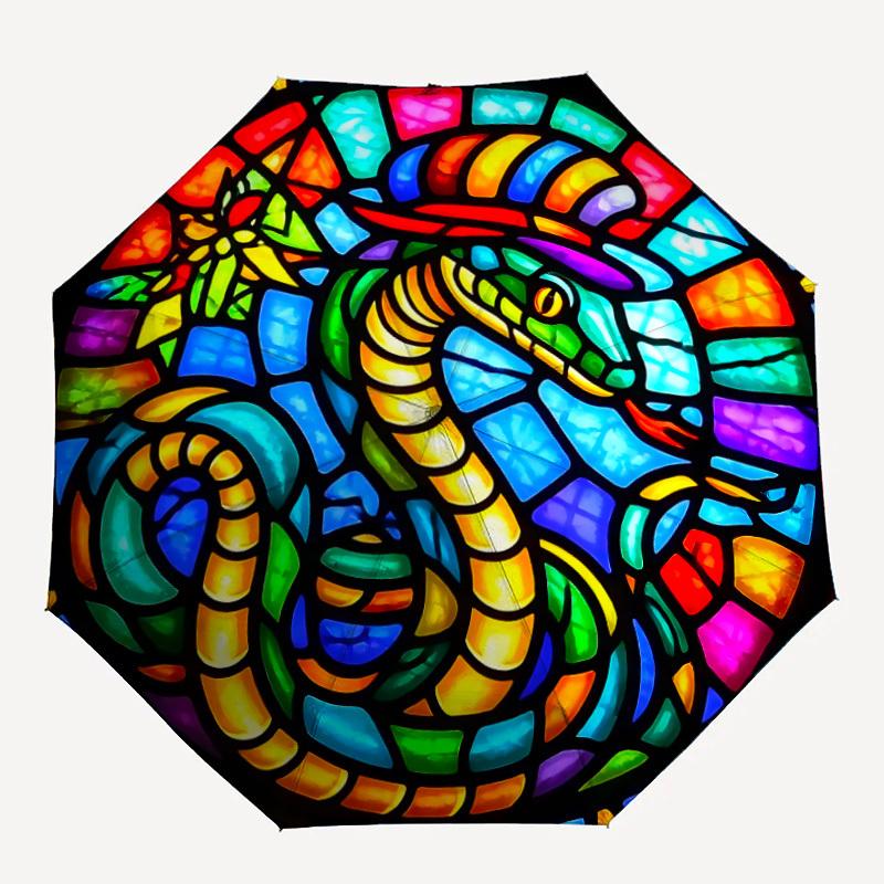1pc Stained Glass Snake Automatic Folding Umbrella with 8-Rib Windproof Design, Portable Foldable Sunshade Umbrella For Halloween 126