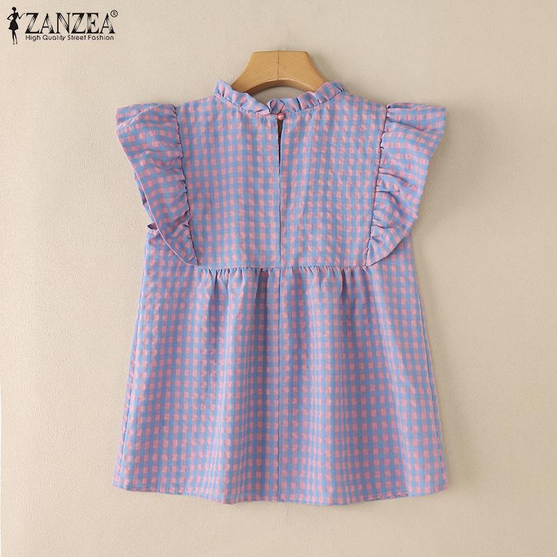 ZANZEA Damen Sommer Bluse mit Gittermuster, lockere Kurzarmbluse