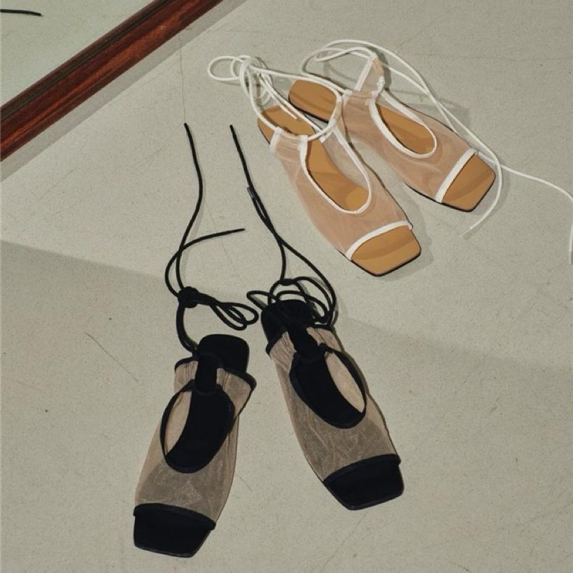 Fashion French Style Square Toe Lace-up Breathable Mesh Open Toe Flats Sandals For Women 2025 Summer Shoes Ankle Strap Sandalias Mujer